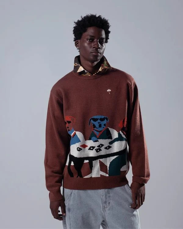 HELAS POKER DOGS CREWNECK KNIT BROWN