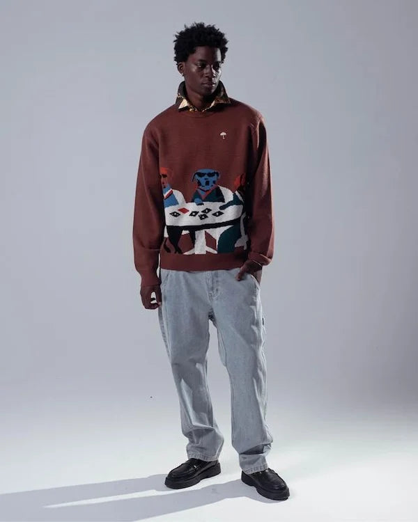HELAS POKER DOGS CREWNECK KNIT BROWN