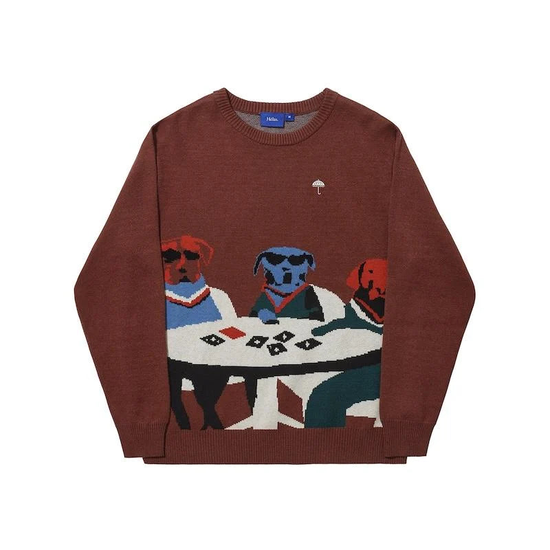 HELAS POKER DOGS CREWNECK KNIT BROWN